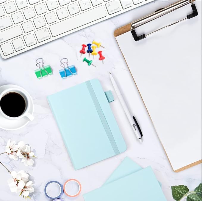 feela 15 Pack Pocket Small Notebooks Bulk, Mini Cute Memo Notepads Hardcover College Ruled Lined Journals with Pen Holder for Women Girls Office School, with 15 Black Pens, 3.5”x 5.5”, A6, Sky Blue-DeskLoop Office