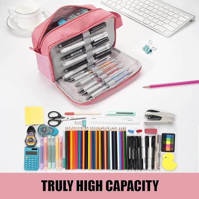 Sooez High Capacity Pencil Case, Big Pencil Bag Pouch Box Organizer Pen Case, Portable Journaling Supplies with Easy Grip Handle & Loop, Asthetic Supply for Girls Adults, Pink-DeskLoop Office