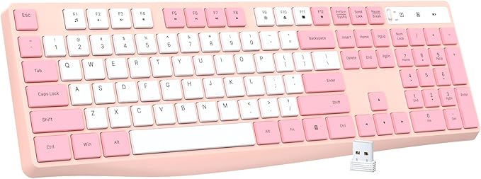 Lovaky Wireless Keyboard, 2.4G Ergonomic Wireless Computer Keyboard, Enlarged Indicator Light, Full Size PC Keyboard with Numeric Keypad for Laptop, Desktop, Surface, Chromebook, Notebook,PinkWhite-DeskLoop Office