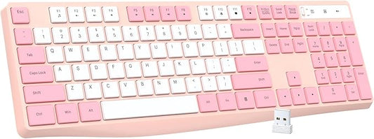 Lovaky Wireless Keyboard, 2.4G Ergonomic Wireless Computer Keyboard, Enlarged Indicator Light, Full Size PC Keyboard with Numeric Keypad for Laptop, Desktop, Surface, Chromebook, Notebook,PinkWhite-DeskLoop Office