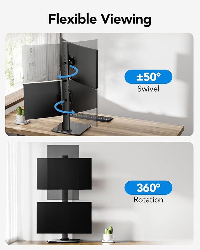 HUANUO Dual Monitor Stand, Vertical Monitor Mount for Two Screens 13 to 34 Inch, Freestanding Monitor Riser with Swivel, Tilt, Rotation and 13 Height Settings, Max Load 44 lbs, Max VESA 100x100-DeskLoop Office