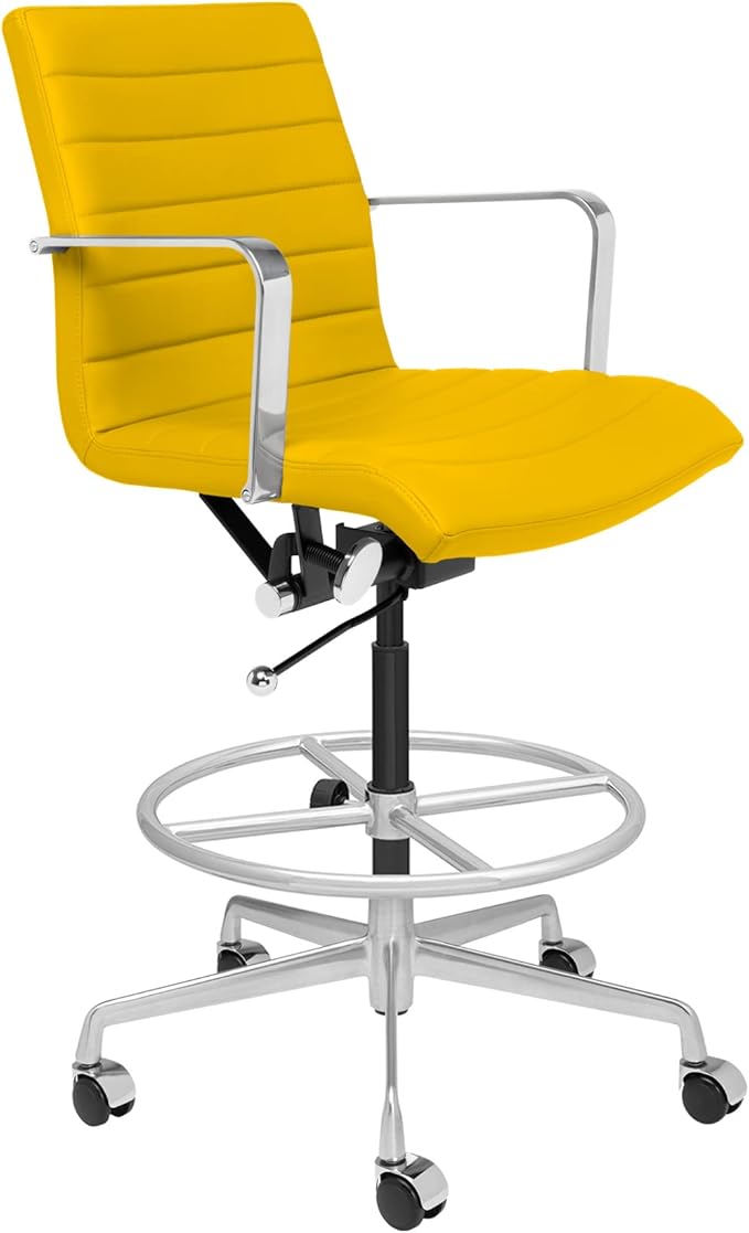 Laura Davidson Furniture SOHO II Ribbed Drafting Chair for Standing Desks, Standing Desk Chair - Ergonomically Designed, Commercial Grade Draft Height, Arm Rest & Cushion, Made of Faux Leather, Yellow-DeskLoop Office