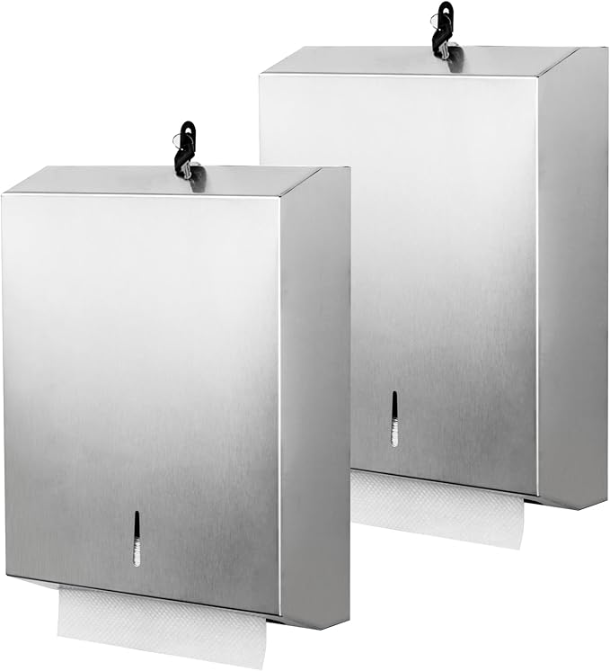 2 Packs Paper Towel Dispenser Wall Mount Commercial, Touchless Hand Towel Dispenser with Lock (Stainless Steel)-DeskLoop Office