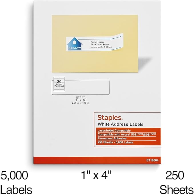 Staples® White Inkjet/Laser Address Labels 1" X 4", 5,000/Box-DeskLoop Office