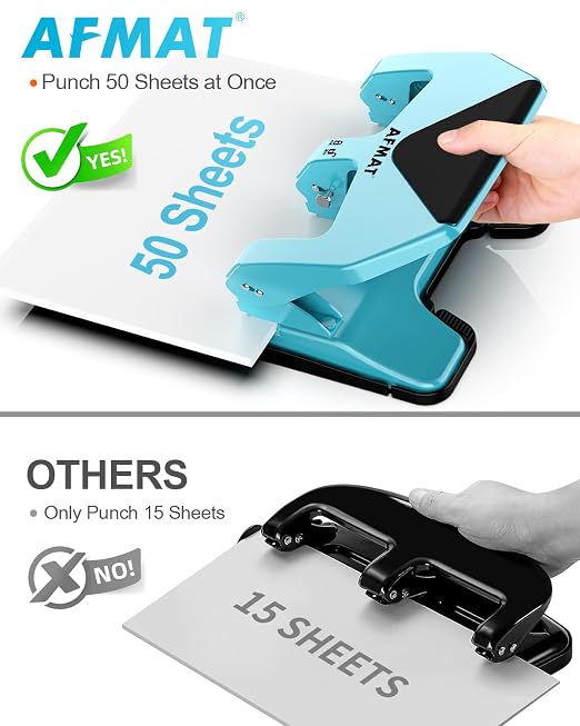 AFMAT 3 Hole Punch Heavy Duty, 50-Sheet Three Hole Punch, 50% Reduced Effort - Image 3