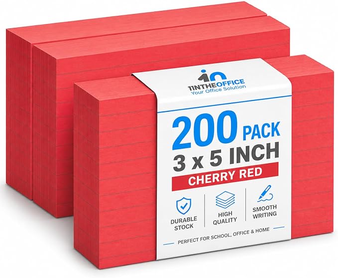 1InTheOffice Ruled Red Index Cards 3x5, Cherry Red by 1InTheOffice