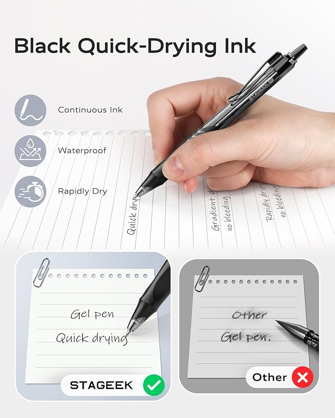 12 Pack Black Gel Pens, Quick Dry Black Ink Pens, 0.5mm Fine Point Retractable Smooth Writing Pens for Journaling, Writing, Business Gel Pen for Office School & Home Supplies(Black)-DeskLoop Office