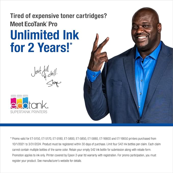 Epson EcoTank Pro ET-5850 Wireless Color All-in-One Supertank Printer, White & T522 EcoTank Ink Ultra-high Capacity Bottle Color Combo Pack (T522520-S)-DeskLoop Office