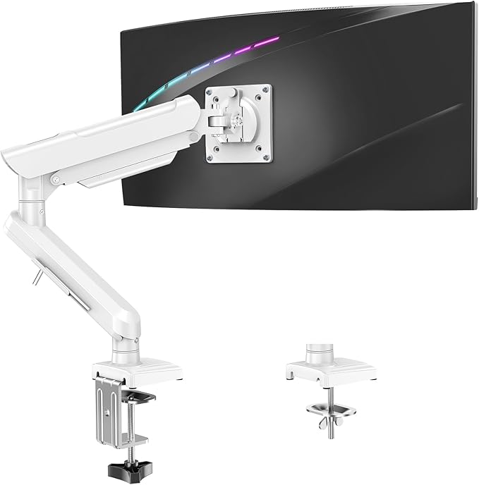 Single Monitor Desk Mount, 13-32 inch Adjustable Gas Spring Monitor Arm, Computer Monitor Stand Holder with Clamp and Grommet Base, Fits 4.4 to 22lbs Screens, VESA Mount Bracket, White, Freelift Pro-DeskLoop Office