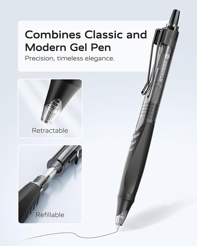 12 Pack Black Gel Pens, Quick Dry Black Ink Pens, 0.5mm Fine Point Retractable Smooth Writing Pens for Journaling, Writing, Business Gel Pen for Office School & Home Supplies(Black)-DeskLoop Office