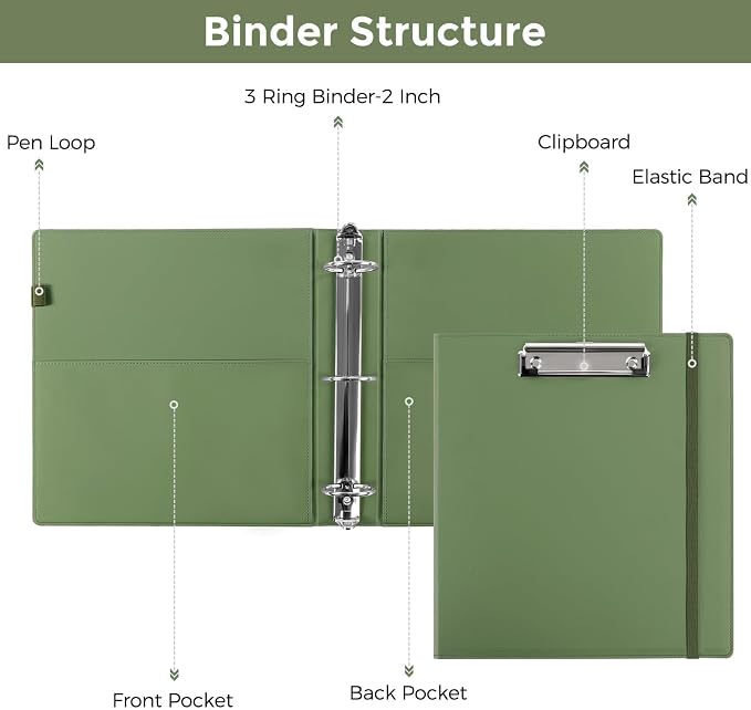 SKYDUE 3 Ring Binder with Clipboard, 2 Inch Binder, PU Clipboard Binder with - Image 5