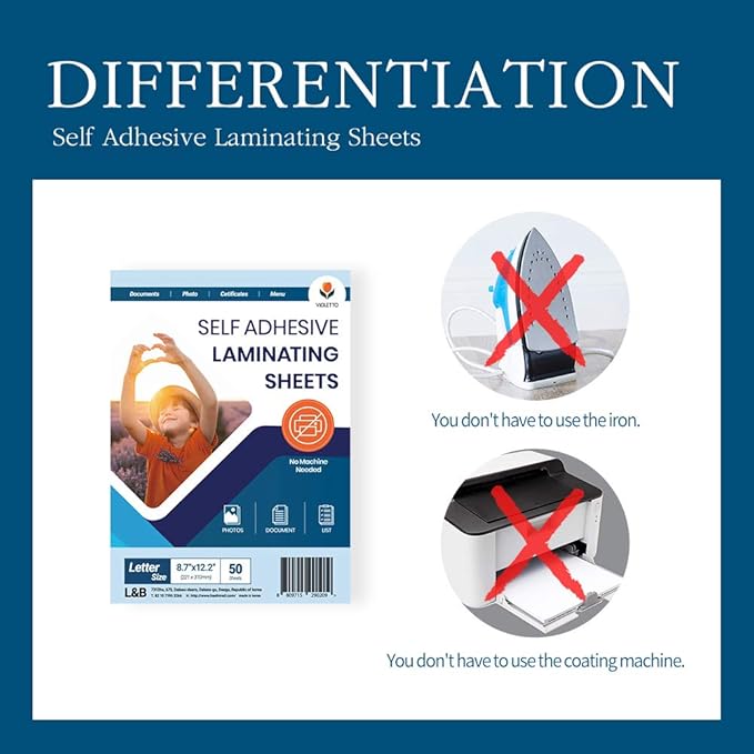 Self Stick Laminating Sheets 8.5 x 11 Inches, 4mil, Pack of 50, No Heat, No Machine, Peel and Stick Laminating Sheets, Self Adhesive Contact Paper, Self Sealing Clear Vinyl Stickers by VIOLLETO-DeskLoop Office