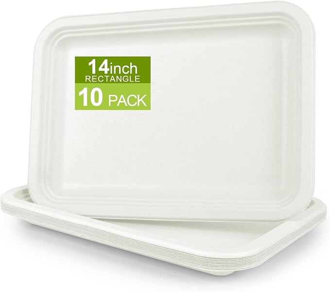 14 Inch Disposable Paper Plates, 10 Pack | Bagasse Food Trays, Compostable & by BangShou