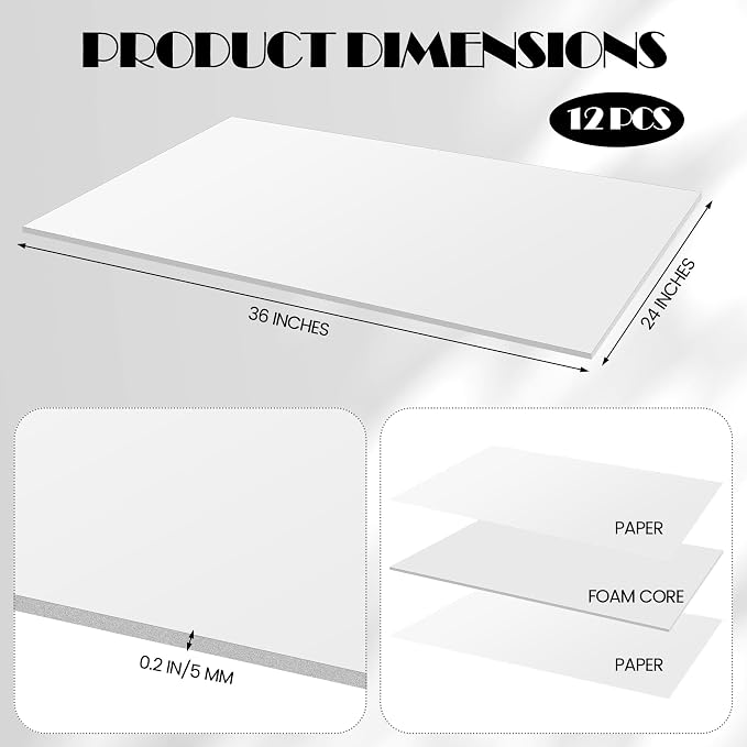 Elcoho 12 Pack White Foam Board, 24 x 36 Inch Acid-Free Foam Core Board - Image 2