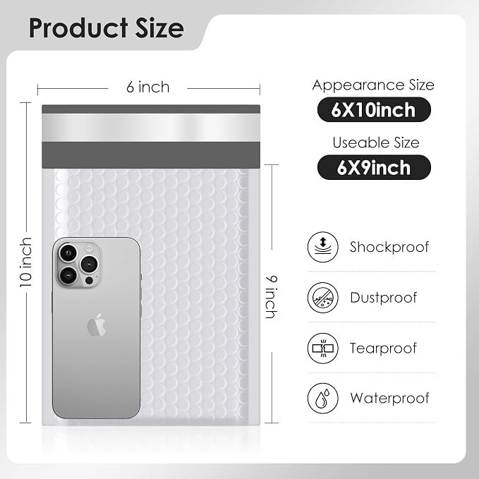 packbabol Bubble Mailers 6x10" 50 Pack Grey and White Padded Envelopes Mailers - Image 2