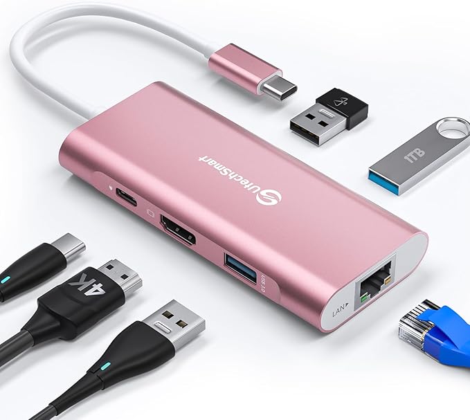 UtechSmart USB C Hub, Ethernet Multiport Adapter 6 in 1 USB C to HDMI Dock Compatible for MacBook Pro/Air, Chromebook, Dell XPS, HP and Type C Devices (Gigabit Ethernet 100W PD 4K HDMI USB 3.0) Pink-DeskLoop Office