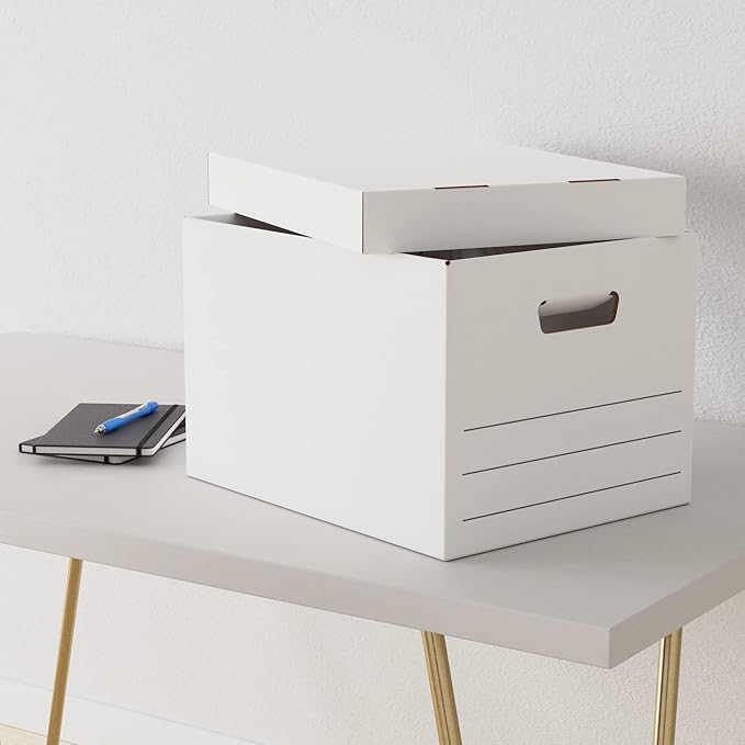 Amazon Basics Medium Duty Storage/Filing Boxes With Lid and Handles, Legal/Letter Size, 12-Pack, White, 16.2" L x 12.5" W x 10.5" H-DeskLoop Office