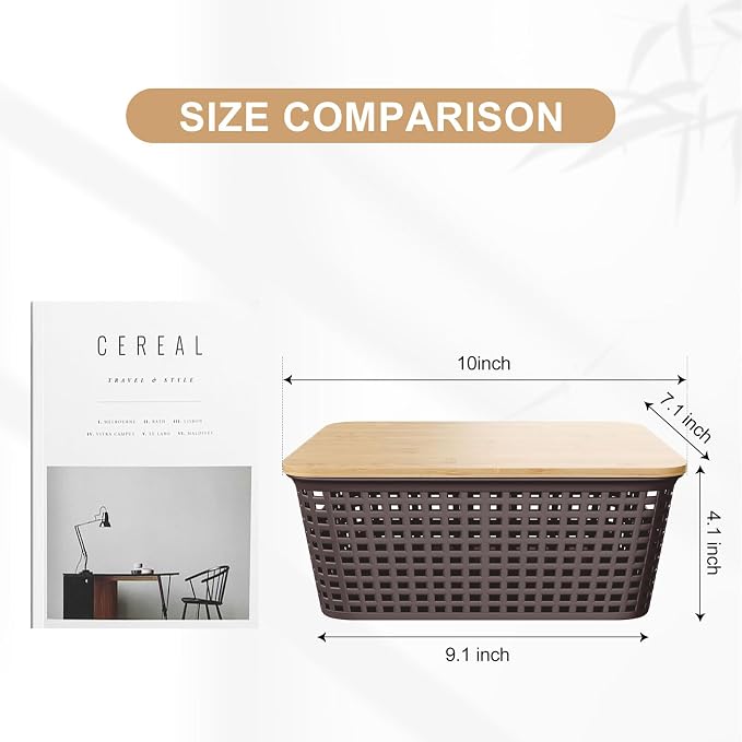 6Pcs Storage Bins with Lids, Stackable Plastic Storage Basket with Bamboo Lid - Image 2