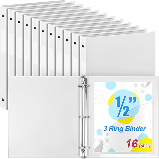 Henoyso 16 Pcs 3 Ring Binder 1/2'' Round Fits Letter Size 8. 5'' x 11'' Paper Plastic Flexible Binder Holds 100 Sheets with 1 Pockets Versatile Organizer for Office Home School (White)-DeskLoop Office