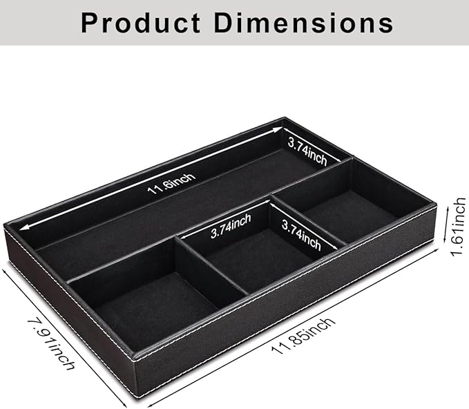 KINGFOM Pu Leather Desk Organizer Tray, 4 Compartment Office Storage Supplies Stationery Drawer Tray, Nightstand Bedside Tray for Key, Wallet, Sunglass, Watch, Coin, Phone Valet Tray Stackable Black-DeskLoop Office