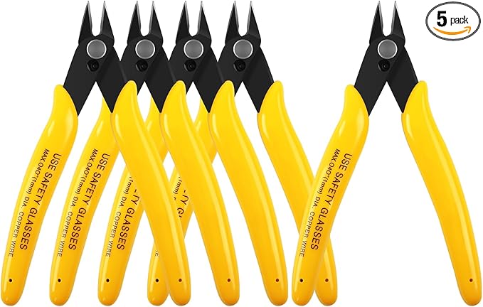 HongWay 5pcs Micro Flush Cutters, Wire Cutter with Internal Spring, Diagonal Cutters for Electronics, Heating Wire, Model Sprue, Soft Copper Wire Snips, 5 Inches, Yellow-DeskLoop Office