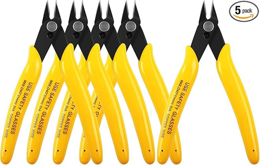 HongWay 5pcs Micro Flush Cutters, Wire Cutter with Internal Spring, Diagonal Cutters for Electronics, Heating Wire, Model Sprue, Soft Copper Wire Snips, 5 Inches, Yellow-DeskLoop Office