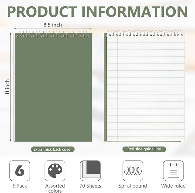 6 Pack 8.5 x 11'' Top Bound Office Steno Book Wide Ruled Double Sided Spiral Notebooks Reliable White Paper 70 Sheets/Pad Pastel Colors Covers for Writing School Notes(Classic Color)-DeskLoop Office