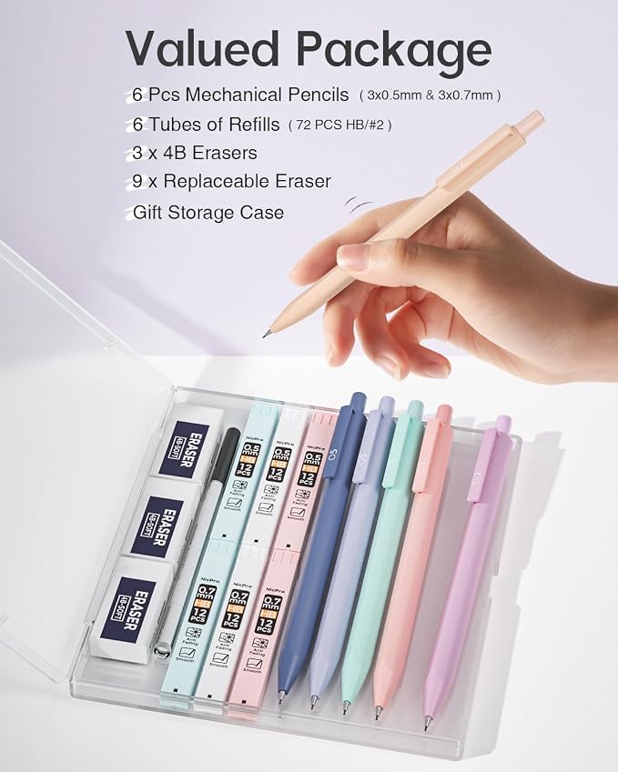 Nicpro Cute Mechanical Pencils Set, Erasers & Refills, Aesthetic School Supplies - Image 5