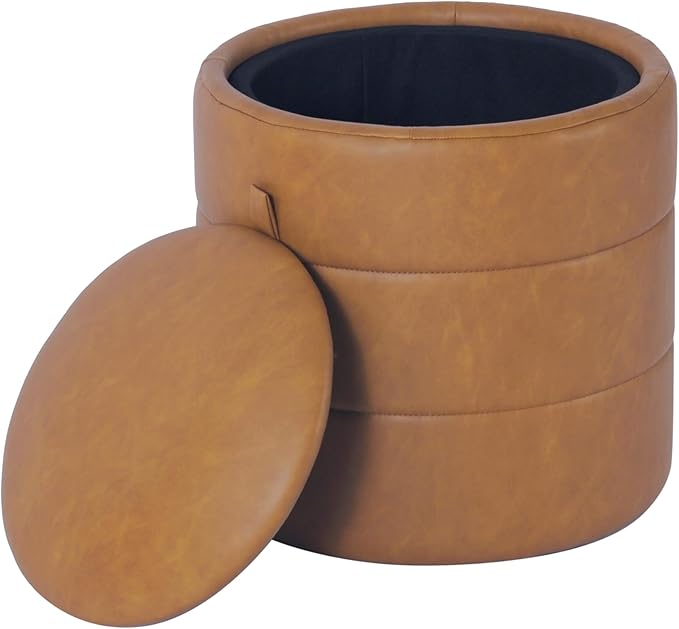 HomePop Storage Round Ottoman with Removable Lid Home Décor|Upholstered Round Velvet Foot Rest Ottoman - Carmel Faux Leather-DeskLoop Office