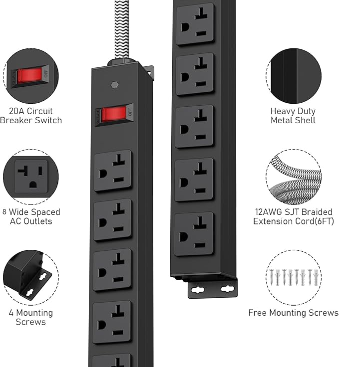 20 Amp Power Strip Heavy Duty, 12 Gauge Extension Cord for Appliance Workbench Garage Industrial, Metal 8 Outlets Combine with T-Plug Adapter 5-20R T-Slot, 1200J Surge Protector-DeskLoop Office