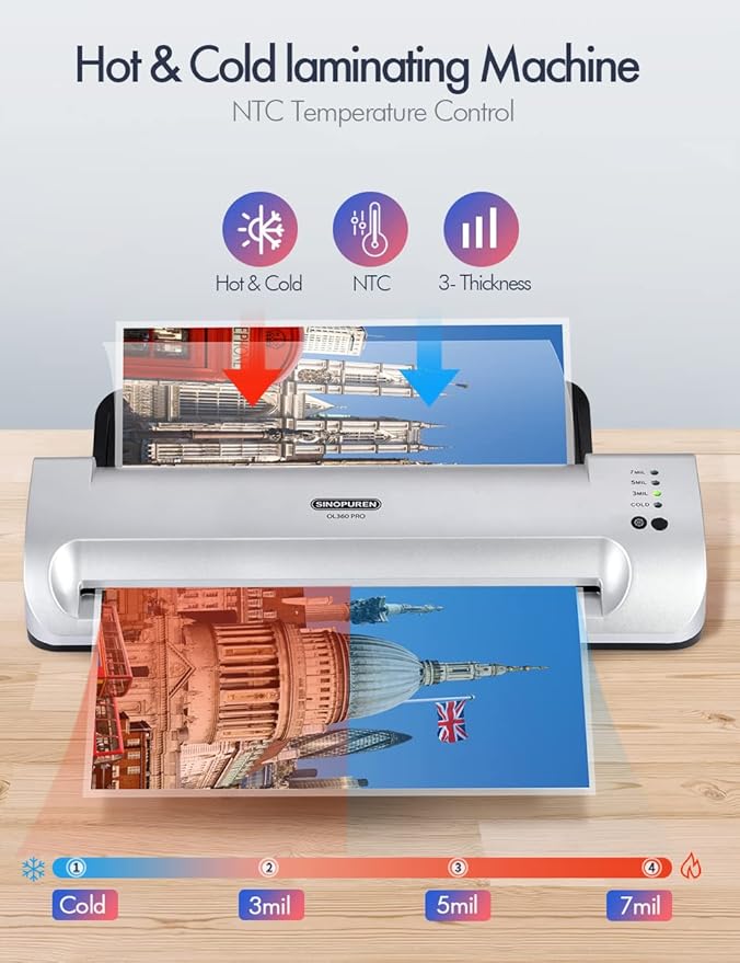 Laminator Machine, SINOPUREN 13-inch Thermal Laminator, with Paper Trimmer, Corner Rounder, 10 Pouches Sheets, Quick Warm-Up, Cold and Hot Laminating for Home/School/Office-DeskLoop Office
