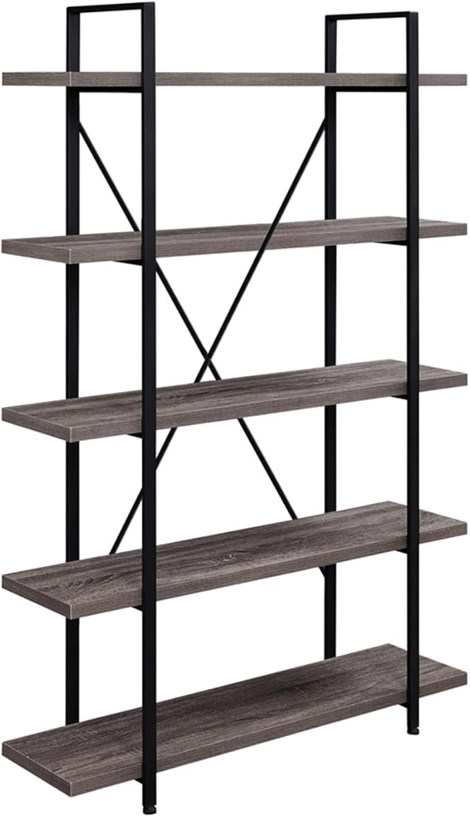 HSH 5-Shelf Vintage Industrial Rustic Bookshelf, 5 Tier Wood and Metal Bookcase, Open Etagere Book Shelf, Farmhouse Wooden Bookshelves, Light Grey Oak-DeskLoop Office