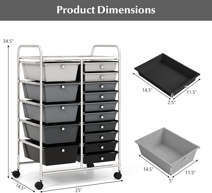 COSTWAY 15 Drawers Storage Cart, Mobile Tools Scrapbook Paper Organizer Cart - Image 3