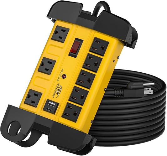 Heavy Duty Surge Protector Power Strip with USB-C Ports, CRST 8-Outlet Metal Industrial Power Block with 15A Circuit Breaker, 15ft Extension Cord, 1350 Joules for Workshop, Garage, Office, Shop…-DeskLoop Office