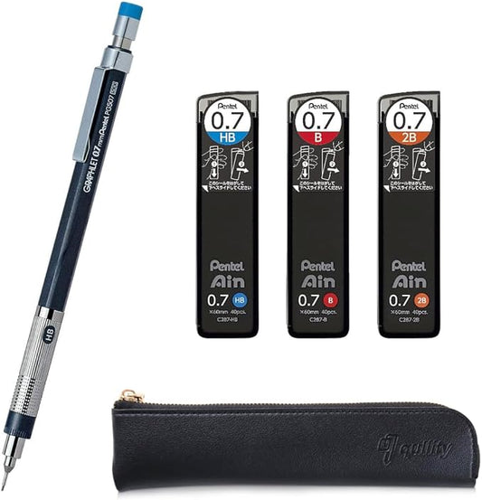Graphlet Mechanical Drafting Pencil + Ain HB/B/2B leads, original Black slim pen case (0.7mm)