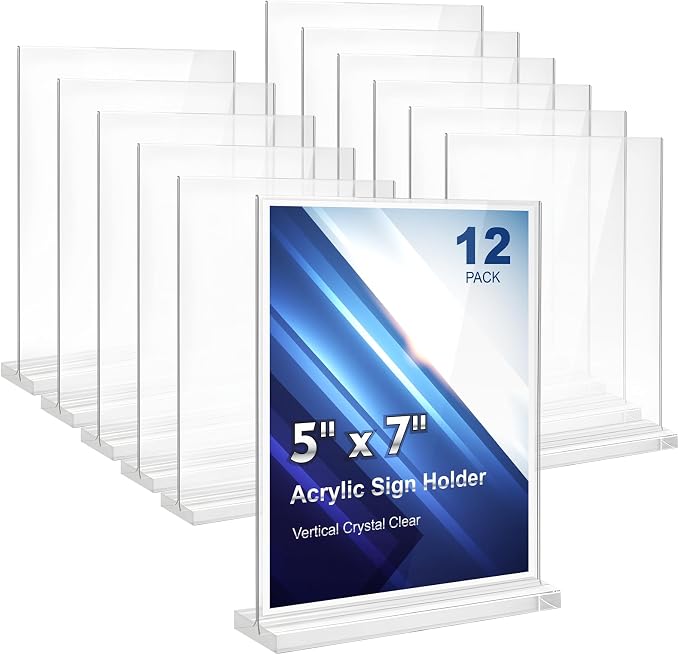 Comix 5x7 Acrylic Sign Holder 12 Pack, Vertical Double-Sided Tabletop Display by Comix