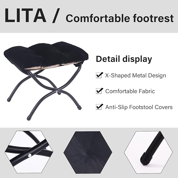 LITA Folding Upholstered Footrest Stool, Modern Small Portable Accent Ottoman with Detachable Thick Cotton Cushion Padded Sofa Stool with Metal Frame for Lazy Chair, Living Room & Bedroom, Plush Black-DeskLoop Office