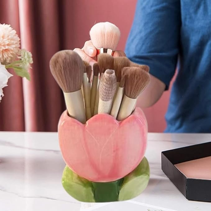 Pink Pencil Holder, Ceramic Tulip Pen Holder, Aesthetic Office Vanity Kitchen - Image 3