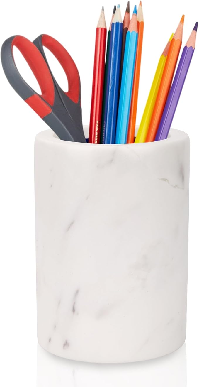 WORHE Natural Marble Pen Holder for Desk, Handcrafted Volakas Sturdy Desk Organizer for Office Supplies Storage Desktop Stationary Makeup Brushes Cup Pencil Holders for Home White (DL002)-DeskLoop Office