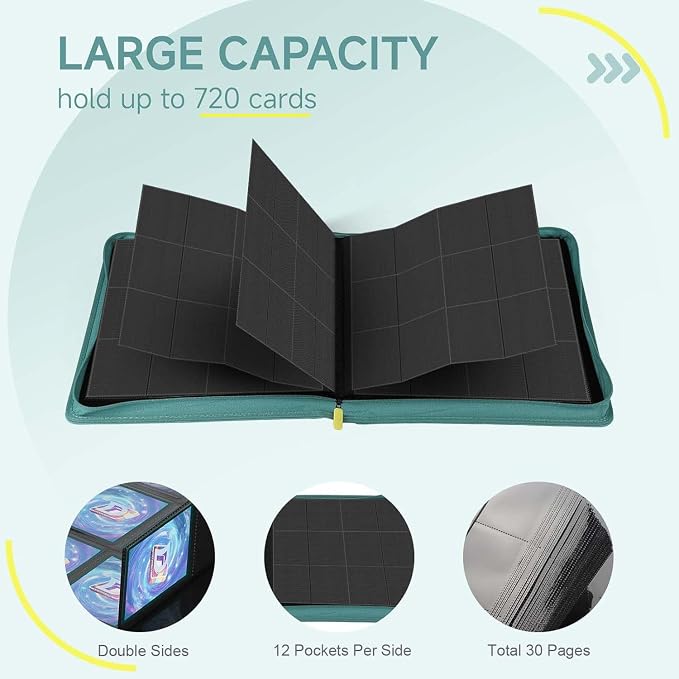 Trading Card Binder with Zip, 12 Pockets Card Binder, 720 Double Sided Pocket - Image 3