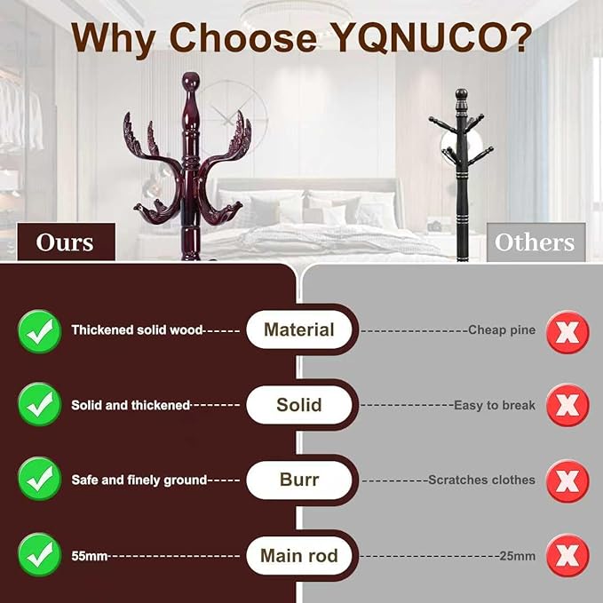 Solid Wood Coat Rack – 72" Freestanding Coat Racks Stand with 14 Hooks & Stable Base, Adjustable Height Modern Wooden Hall Tree for Entryway, Bedroom, Office, Home (Mahogany Phoenix Hook)-DeskLoop Office