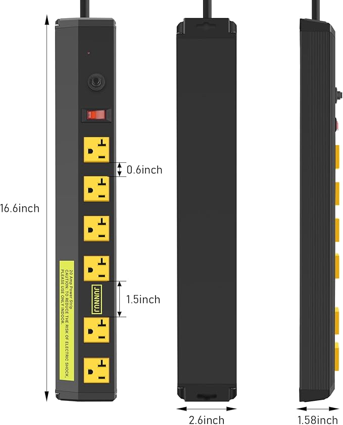 JUNNUJ Heavy Duty Metal Power Strip 20 Amp, High Amp Surge Protector 6 Outlet, 20A Power Strips Workshop Industrial Outlets Wide Spaced 6-20R T-Slot with Circuit Breaker, 12 Gauge Extension Cord 6ft-DeskLoop Office