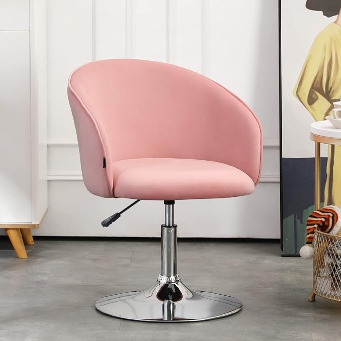 Furnimart Velvet Vanity Chair with Chrome Frame, Height Adjustable & Swivel, Pink - Living Room, Bedroom, Office-DeskLoop Office