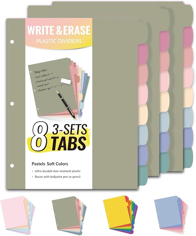 Sooez 8 Tabs Long-Lasting Plastic Write & Erase Large Tabs Dividers by Sooez