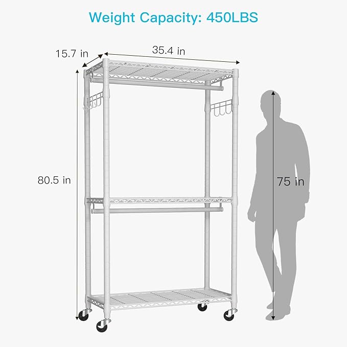 P1 Heavy Duty Garment Rack, 3 Tiers Adjustable Rolling Metal Closet Organizer with Lockable Wheels, FreeStanding Wardrobe with Double Hanger Rods & 1 Pair Hooks, Max Load 450 LBS, White-DeskLoop Office