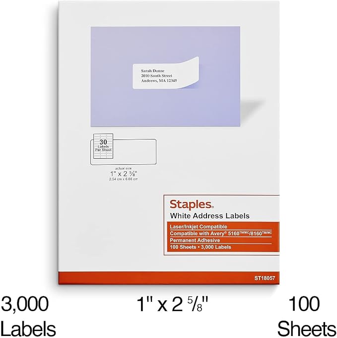 Staples 1" x 2-5/8" Address Labels, 30 Labels per Sheet - Image 3