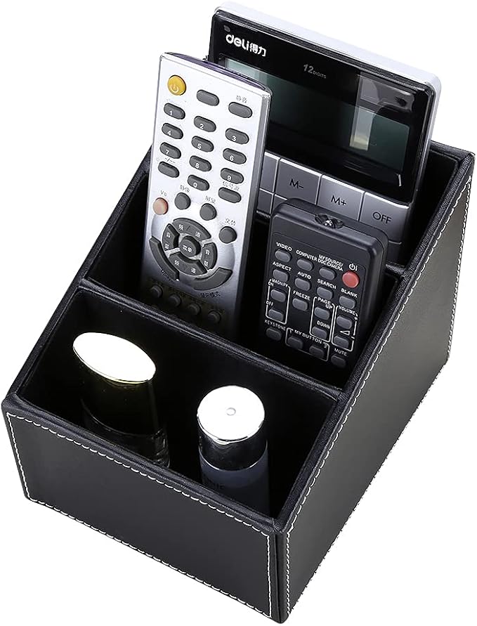 KINGFOM Remote Control Holder with 3 Compartments Pu Leather Remote Caddy Desktop Organizer Store Brush, Pencil, TV Guide, DVD, CD, Blu-Ray, Media Player, Heater Controllers(Black)-DeskLoop Office