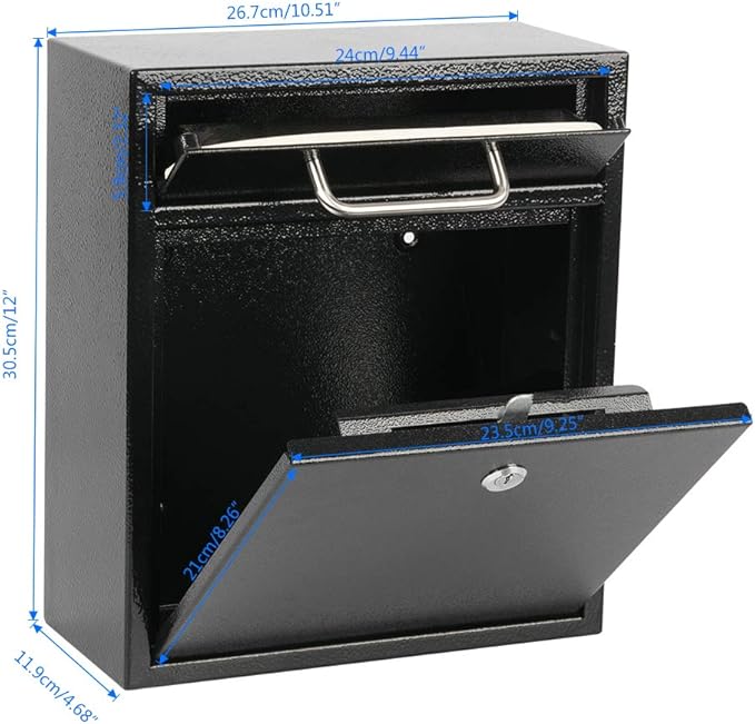 KYODOLED Steel Key Lock Mail Boxes for Outside, Locking Wall Mount Mailbox, Security Key Drop Box,12H x 10.51L x 4.68W Inches, Black Large-DeskLoop Office