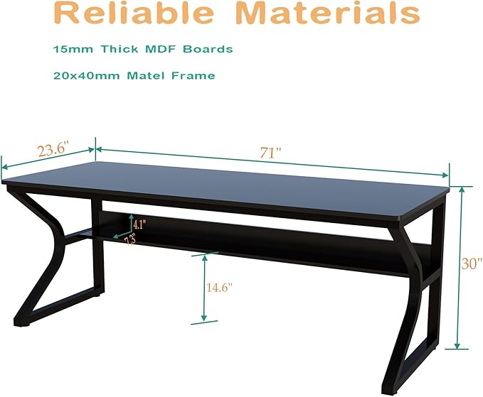 Extra Long Desk with Bookshelf - 71" Double Long Writing Table for 2-Person Workstation, Modern Study Work Computer Desk for Home and Office, Black-DeskLoop Office
