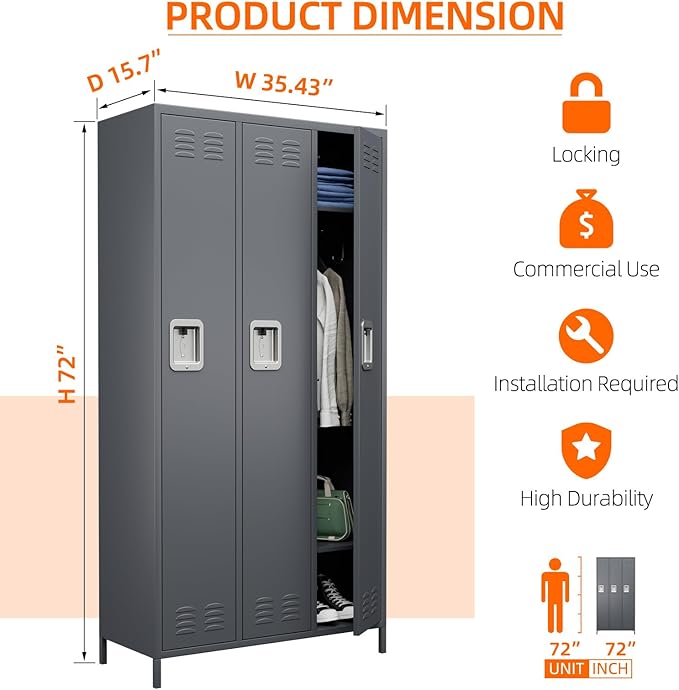 Metal Storage Locker with 3 Doors,Metal Locker for Employees with 9 Hooks for School Garage Office Gym Home,Assembly Required,Dark Grey-DeskLoop Office